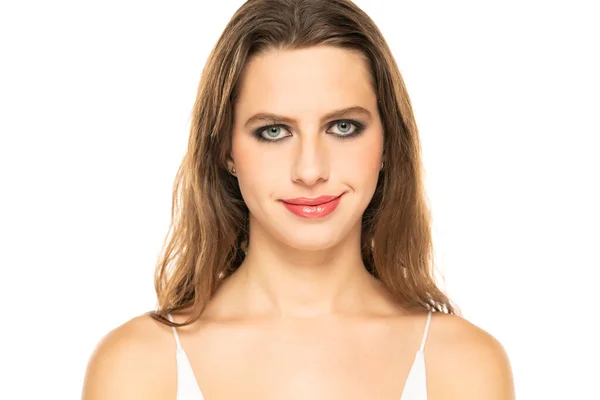 Beautiful Serious Woman Make Fake Smile White Background — Foto de Stock