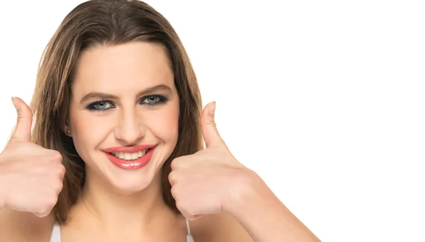 Beautiful Smiling Woman Make Wavy Hair Showing Thumbs White Background — Fotografia de Stock