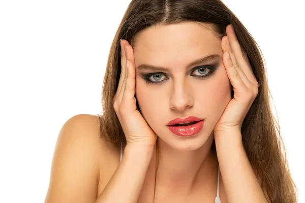 Young Woman Tightening Her Face Skin Her Palms White Background — Stock Photo, Image