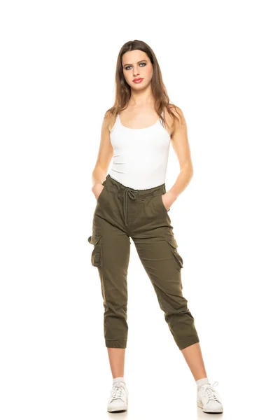 Young Woman Three Quarter Pants Shirt Posing Studio White Background — Stockfoto