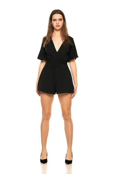 Young Woman Short Black Summer Dress Posing Studio White Background — Stockfoto
