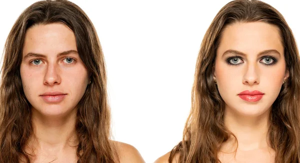 Comparison Portrait Young Woman Makeup White Background – stockfoto
