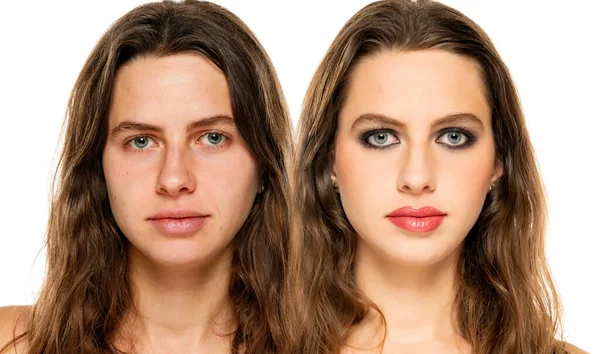 Comparison Portrait Young Woman Makeup White Background — Stock Photo, Image