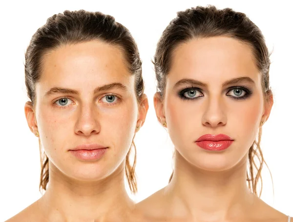 Comparison Portrait Young Woman Makeup White Background — Zdjęcie stockowe