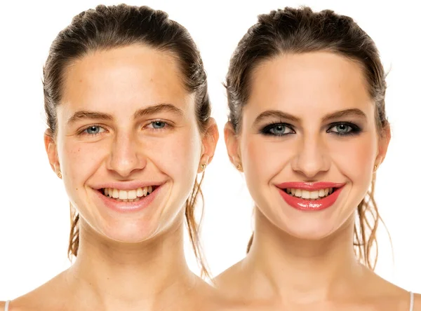 Comparison Portrait Young Smiling Woman Makeup White Background — Foto Stock
