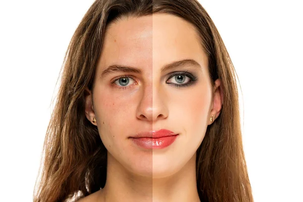 Comparison Portrait Young Woman Makeup White Background — Photo