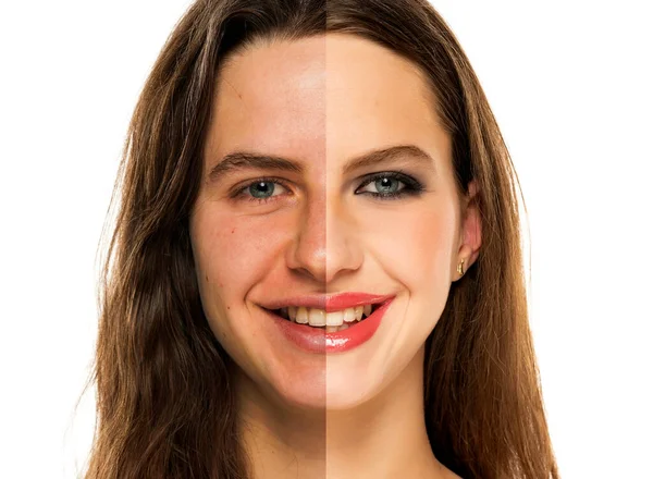 Comparison Portrait Young Smiling Woman Makeup White Background — Stockfoto