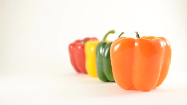 Orange, Green, Yellow and Red Peppers Against White - Line Arrangement - Crane Up — Stock Video