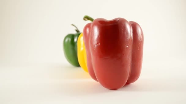 Red, Yellow and Green Peppers Against White - Arranjo de linha - Dolly Right — Vídeo de Stock