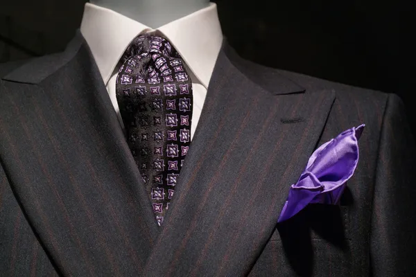 条纹的夹克、 图案的领带和紫色手帕 （按 — 图库照片