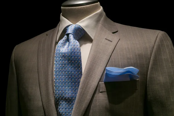 Barna csíkos kabát, szövet, fehér ing, mintás, kék nyakkendő & h Stock Kép