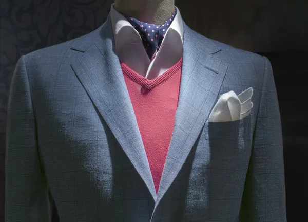 Azul claro xadrez jaqueta com camisola vermelha, camisa, gravata & Handk Fotografias De Stock Royalty-Free