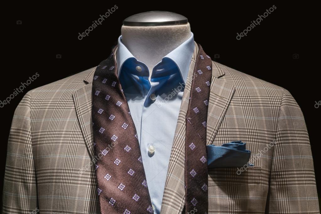 Tan Checkered Jacket Blue Shirt Untied Brown Tie Teal Handke