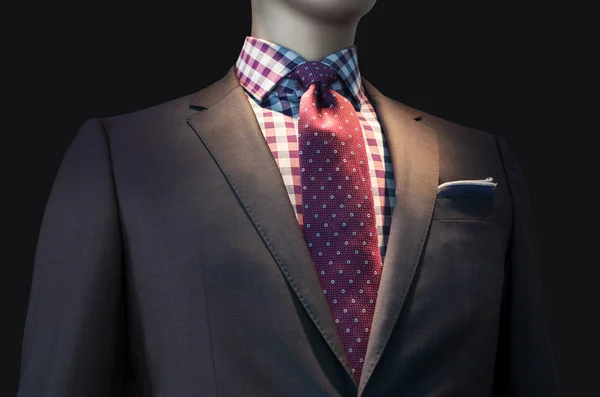 Chaqueta marrón con camisa a cuadros y corbata roja Imagen De Stock