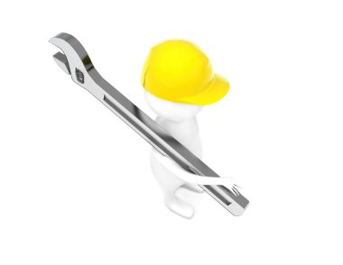 3D adam güvenlik kaskı takıyor ve elini omzunun üzerine koyuyor. Beyaz, izole arka plan, üst açı manzaralı.