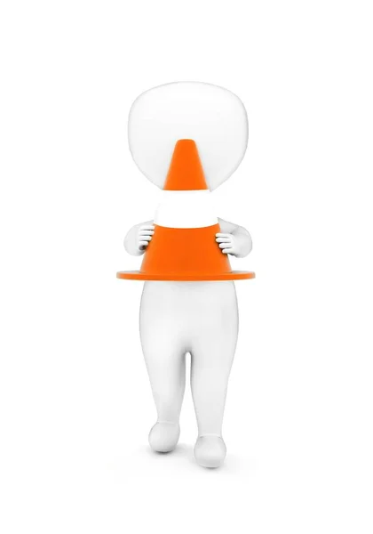Man Holding Traffic Cone His Hands Concept White Isolated Background — Stockfoto