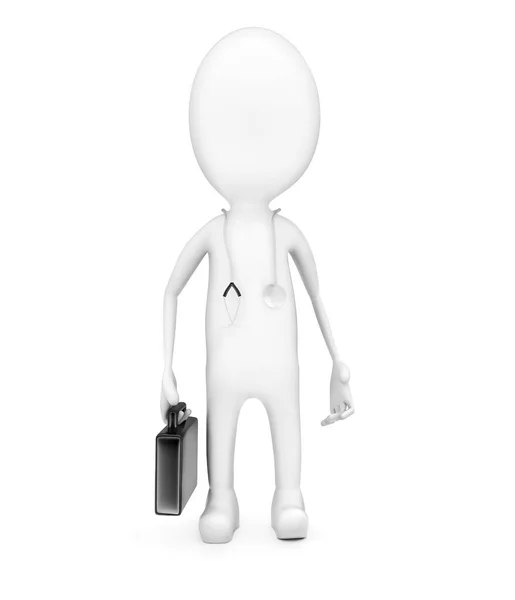 3D男は白い隔離された背景で彼の肩の概念で手と聴診器でブリーフケースを保持 3Dレンダリング フロント角ビュー — ストック写真