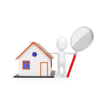 3D adam elinde büyüteçle beyaz arka planda küçük bir ev konsepti tutuyor. 3D görüntüleme, üst açı görünümü.