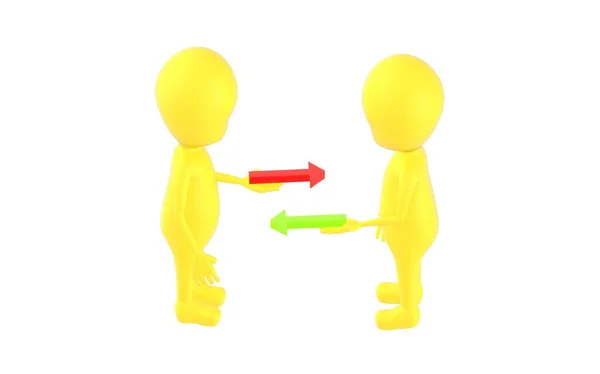 Caráter Amarelo Personagens Segurando Seta Vermelha Verde Suas Mãos Ambos — Fotografia de Stock