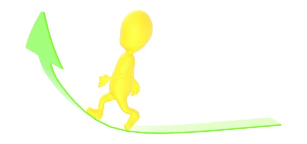 緑の矢印の上を歩く3D黄色の文字 3Dレンダリング — ストック写真