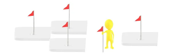 Personagem Amarelo Segurando Sua Mão Direção Uma Bandeira Vermelha Aterrada — Fotografia de Stock