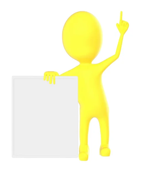 Трехмерный Желтый Чакатер Указывающий Рукой Вверх Показывающий Доску Баннером Трехмерная — стоковое фото