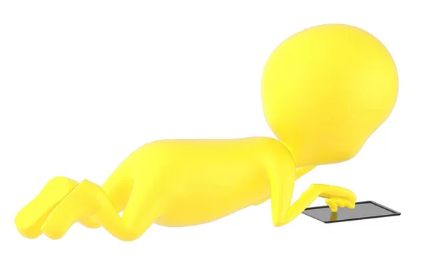Трехмерный Желтый Символ Лежащий Полу Использующий Таблицу Трехмерная Рендеринг — стоковое фото