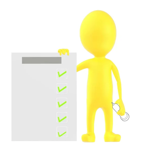 Bir pano ile 3D sarı karakter ve bir kalem, kontrol listesi konsepti - 3d oluşturma