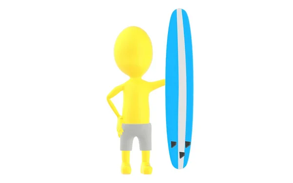 3D黄色字符 冲浪板 3D渲染 — 图库照片