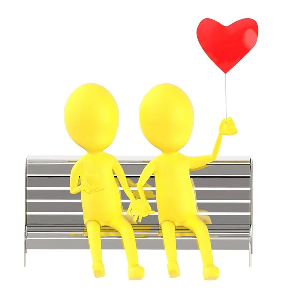 Caráter Amarelo Casais Sentados Banco Segurando Balão Amor Renderização — Fotografia de Stock