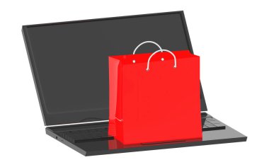 3D laptop ve alışveriş çantası. 3D görüntüleme.