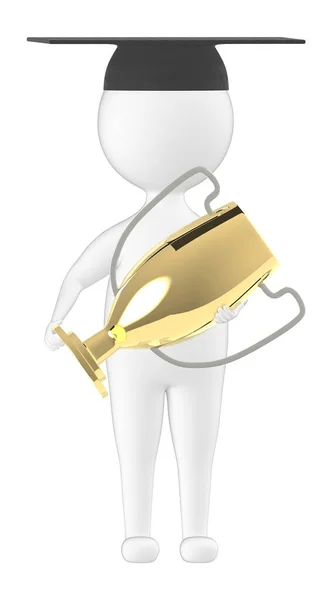 3D文字 大学院キャップを身に着けている男と黄金のトロフィーを保持 3Dレンダリング — ストック写真