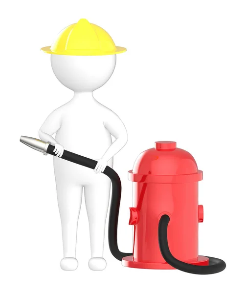 Charakter Człowiek Strażak Trzyma Wąż Hydrantu Pożarowego Renderowania — Zdjęcie stockowe