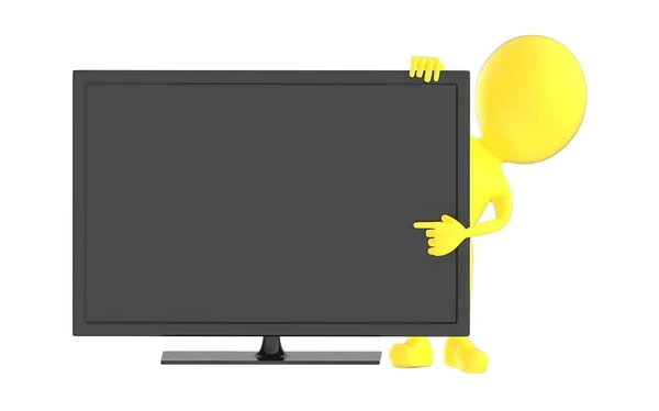 Personagem Amarelo Apontando Sua Mão Para Tela Televisão Renderização — Fotografia de Stock