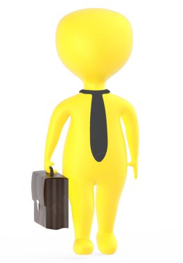 Elinde bavul tutan üç boyutlu sarı iş adamı.