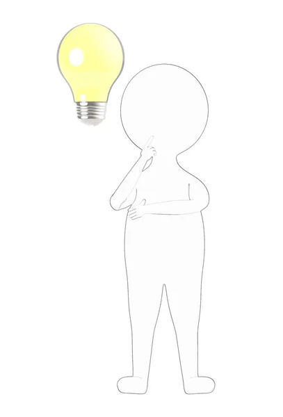 White Black Outer Lined Character Thinking Ligh Bulb His Head — Stock Photo, Image