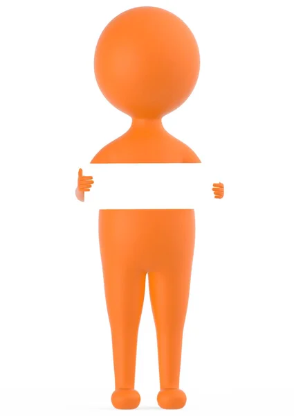 Orange Character Holding Small Sized White Blank Banner Center Rendering — Stock Photo, Image