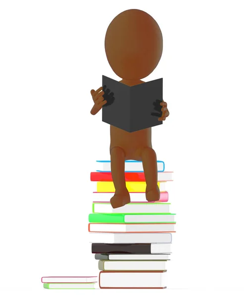 Brown Character Reading Book While Sitting Top Pile Books Rendering — Stock Photo, Image