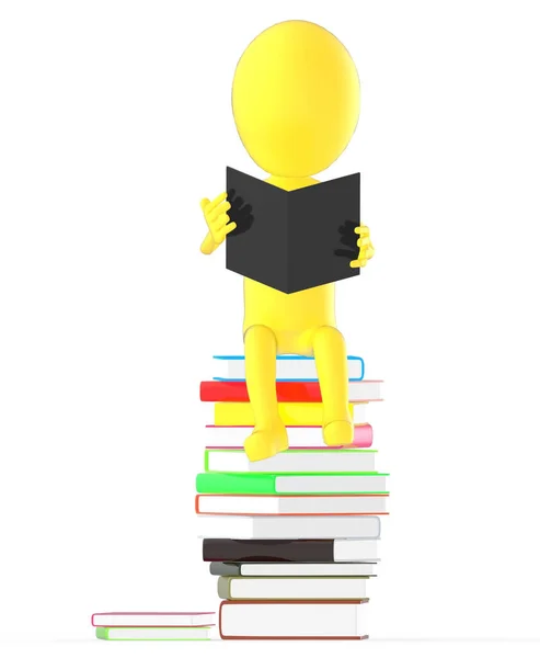 Amarelo Personagem Leitura Livro Enquanto Sentado Topo Pilha Livros Renderização — Fotografia de Stock