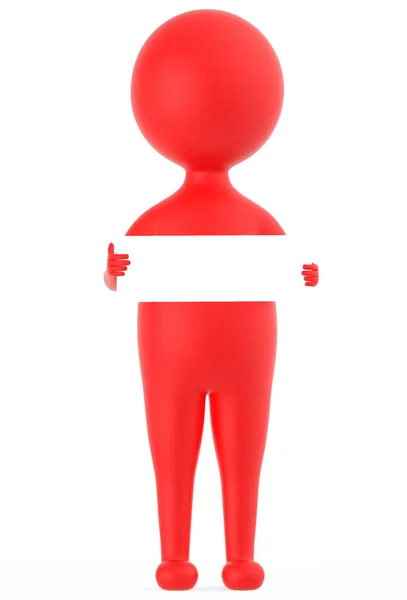 Red Character Holding Small Sized White Blank Banner Center Rendering — Stock Photo, Image