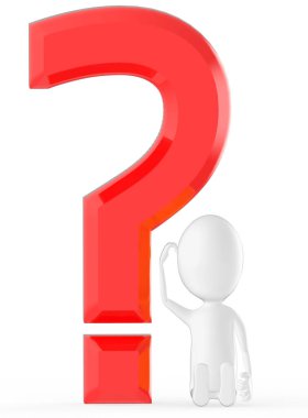 Büyük bir soru işaretinin yanında otururken 3D beyaz karakter başını kavrıyor, kafası karışık, belirsiz ve düşünüyor - 3D