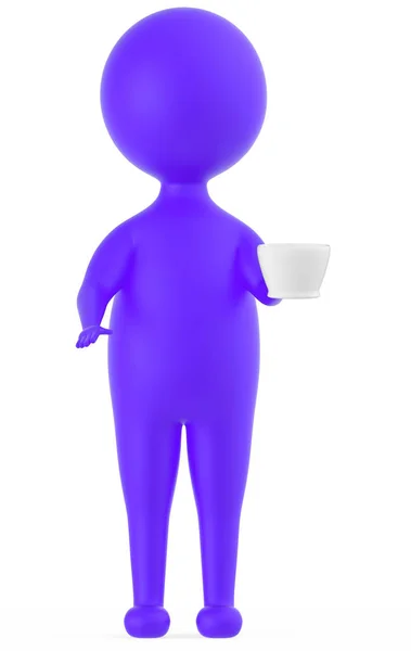 3D紫色人物站在那里 手拿着一只长颈鹿 3D渲染茶杯 3D渲染 — 图库照片