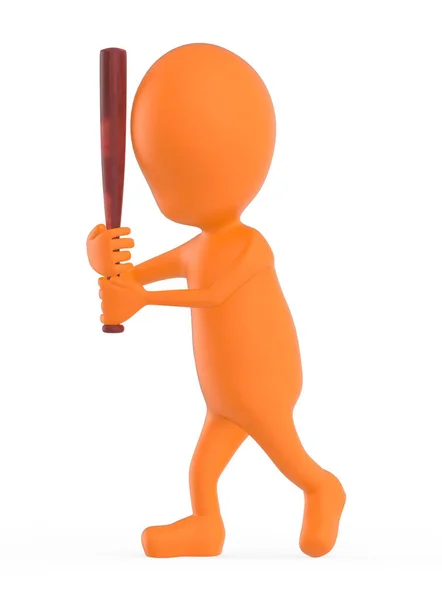 Orange Character Holding Wooden Bat Rendering — Stock Photo, Image