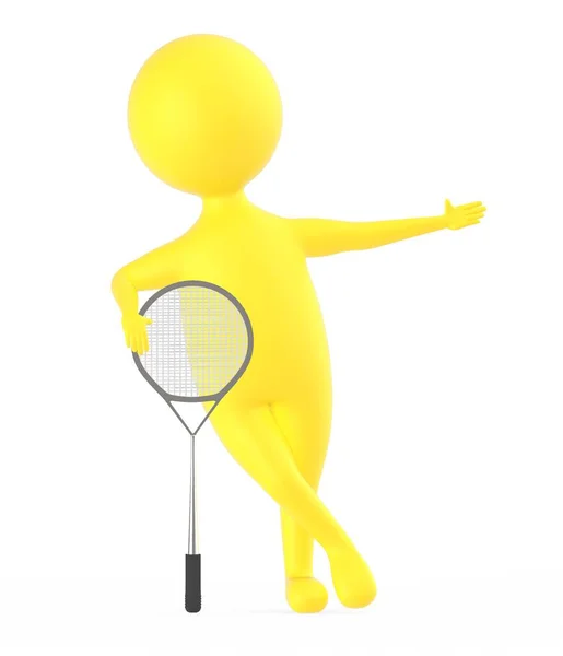 Gul Karaktär Med Tennisracket Rendering — Stockfoto