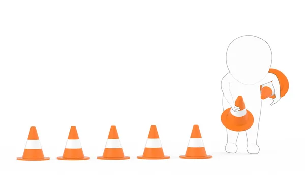 White Black Outer Lined Character Clearing Putting Traffic Cones Concept — Stock Photo, Image