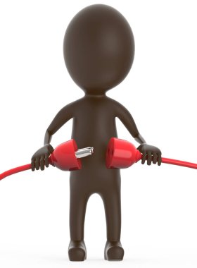 3D kahverengi karakter fişi takılı ya da erkek ve kadın konnektörü çıkartıyor- 3D görüntüleme