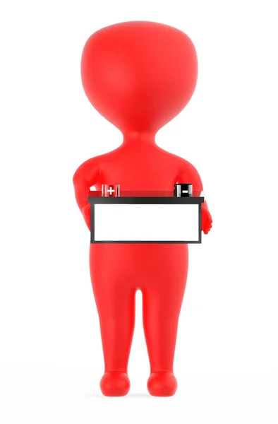 Röd Karaktär Som Håller Ett Batteri Med Röd Färg Positiv — Stockfoto