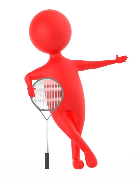 Röd Karaktär Med Tennisracket Rendering — Stockfoto