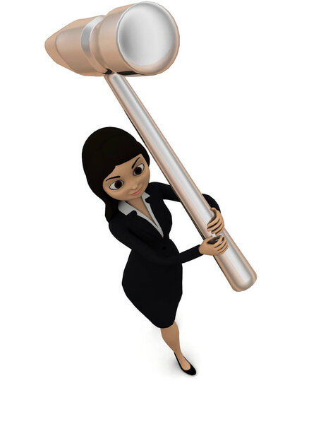 3d woman holding hammer concept in white background - 3d rendering , top angle view