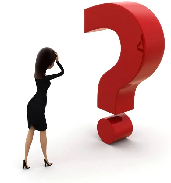Beyaz arka planda, soru işareti kavramı ile 3D kadın yan görüş açısı